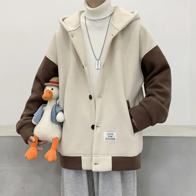 

2020 Korean Style Men's Loose Hooded Cardigan Plush Streetwear Bomber Jacket Thickened Black/Apricot Coats Large Size M-5XL