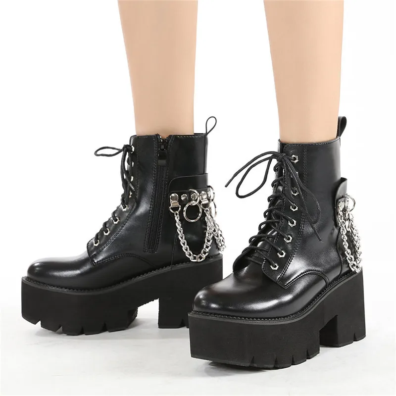 PXELENA Cool Girls Street Women Metal Chain Motorcycle Biker Combat Gothic Ankle Boots Plus Size 34-43 Spring Fall Punk Shoes | Обувь