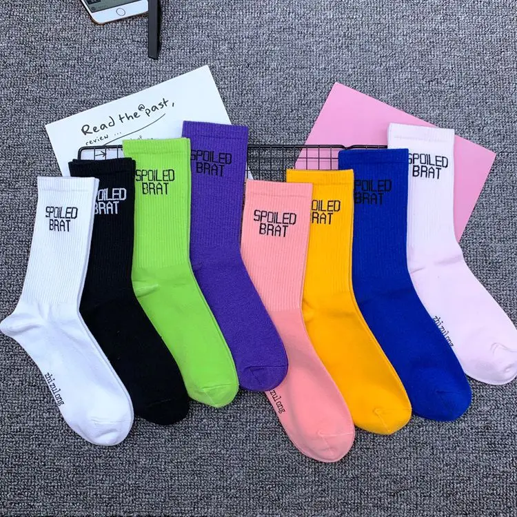 

Adult Size Mid Calf Crew Socks Spoiled Brat Child Light Pink Black Blue White Yellow Green Purple Plain Colour English Words SOX