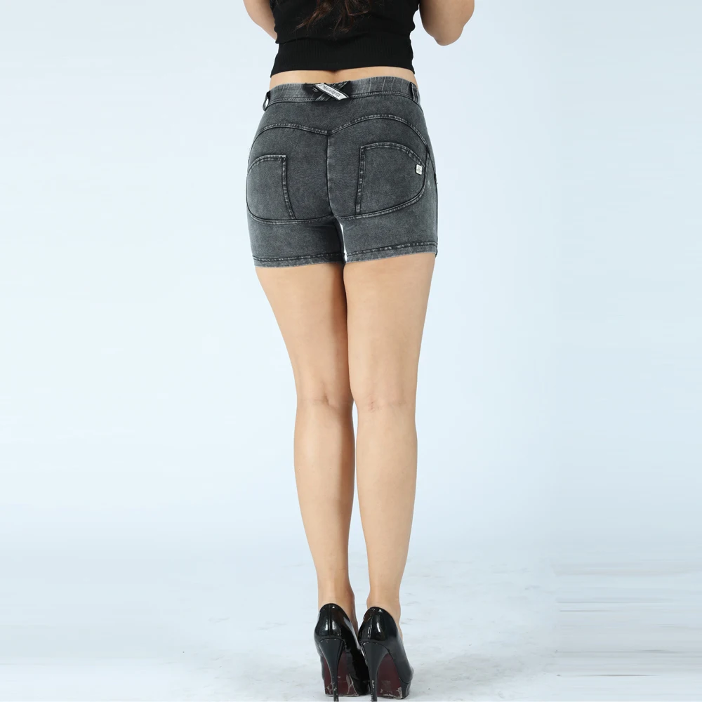 Четыре способа растягивающиеся летние женские джинсовые шорты с высокой талией и кнопками, одноцветные Горячие шорты, большие размеры