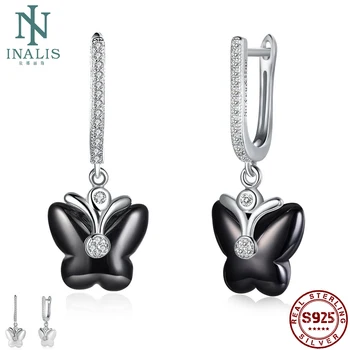 

INALIS 925 Sterling Silver Zircon Butterfly Ceramic Dangle Earrings Fashion Jewelry for Woman Gift