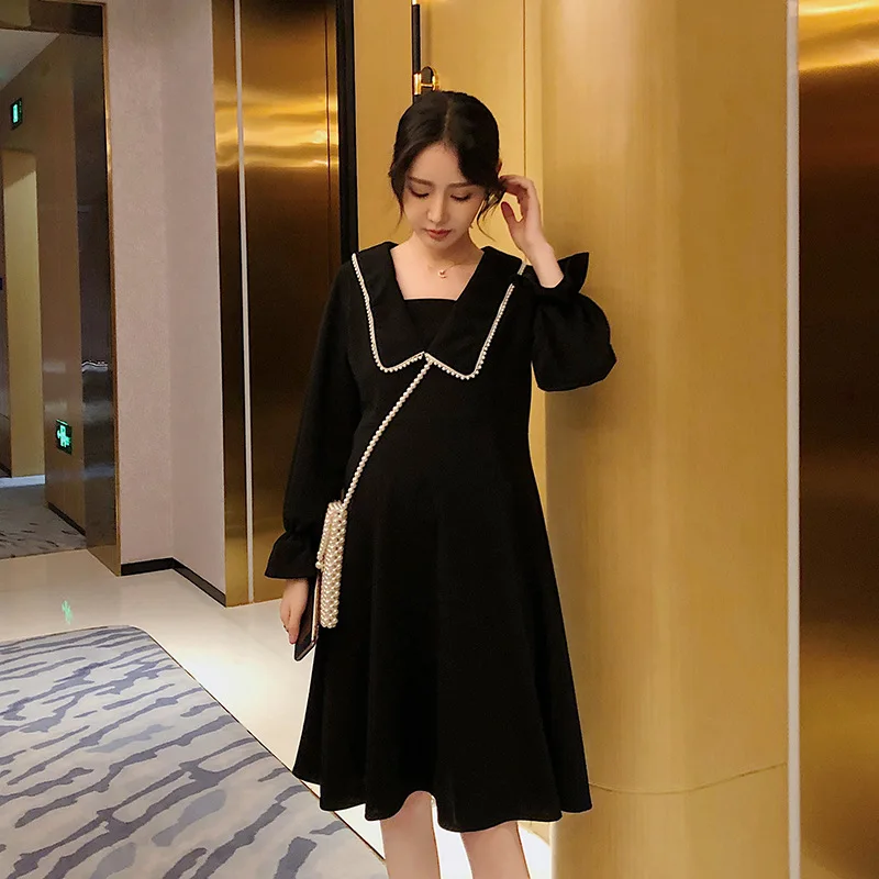 

Pregnant Women Dress 2020 Early Spring Clothing New Style Mid-length Spring-Style Black V-neck Slimming Mid-length Skirt