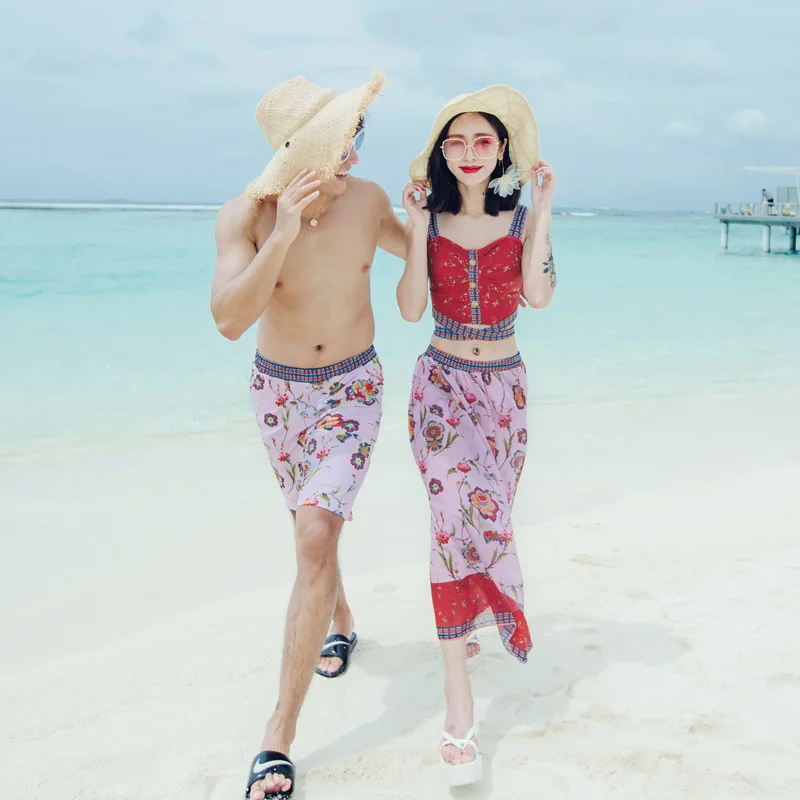 

Ethnic-Style Couples Bathing Suit Three-piece Set South Korea Beach Set Seaside Honeymoon Bathing Suit Men's Hot Springs Couples