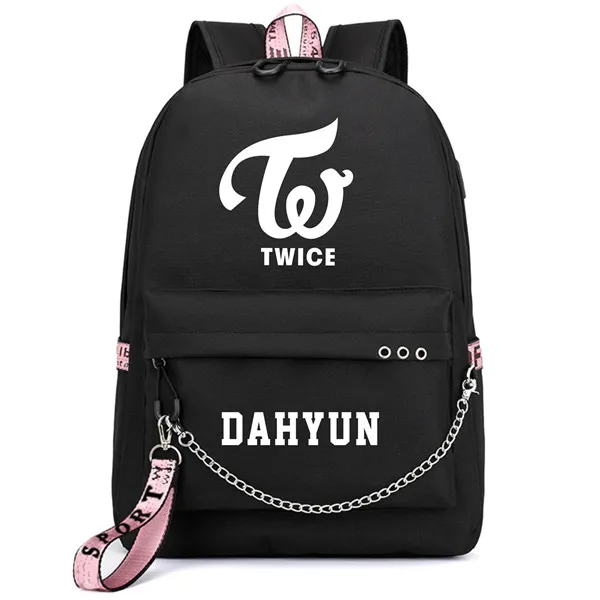 thumbnail image 1 of Mochila con estampado de la banda coreana TWICE, mochila de lona para mujer, mochila femenina con carga USB para ordenador portátil, mochila para mujer, 1 of 5
