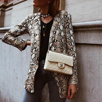 

Fannic Women England Style Snake Print Blazer Pockets Notched Collar Long Sleeve Coat Female Outerwear