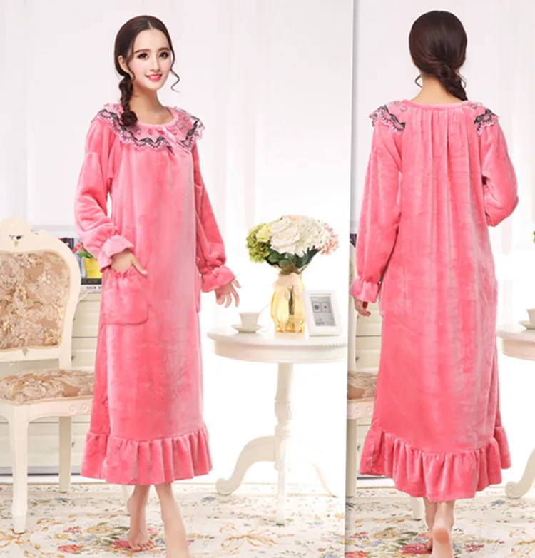 

and Winter Thickening High-end Flannel Double-faced Suede Computer Embroidered Lace Long Sleeve Princess Sleeping Dress