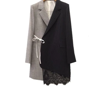 

TVVOVVIN 2019 New Summer Winter Suit Woman Temperament Asymmetry Split Joint Lace England Type Turn-down NeckLoose Coat B787