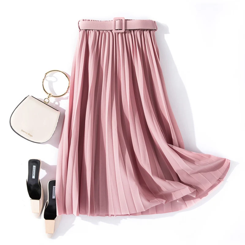 pink PEONFLY, корейский стиль, мода, Весенние длинные плиссированные юбки для женщин с поясом, трапециевидная юбка с высокой талией, женская синяя юбка - Цвет: pink