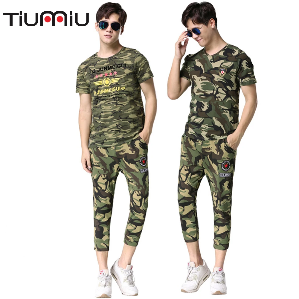 

Suit Male Twinset Short Sleeve T Shirt Sleeve Camouflage Color Pants Round Neck Clothing Uniform Male Tactical Military Army