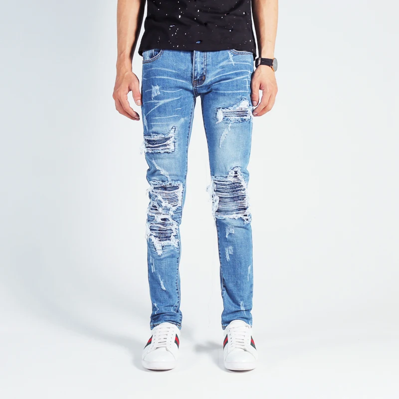 American Streetwear Men Jeans Blue Color Destroyed Ripped Jeans Men Punk Pants Elastic Patchwork Designer Hip Hop Skinny Jeans American Streetwear Men Jeans Blue Color Destroyed Ripped Jeans Men Punk Pants Elastic Patchwork Designer Hip Hop Skinny Jeans