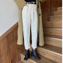 Зимние брюки женские белые с высокой талией флисовые шаровары корейский стиль черные брюки длиной до щиколотки с поясом Vinatge повседневные брюки