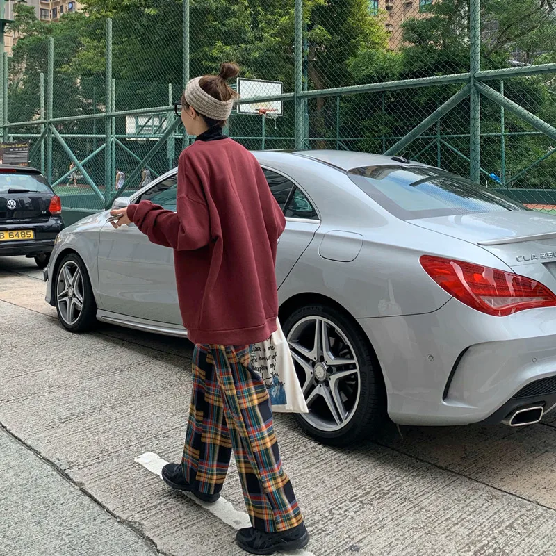 Neploe Colorful Plaid Trousers Women Korean Elastic Waist Ladies Straight Pants Loose Casual Wide Leg Full Length Pants 80308