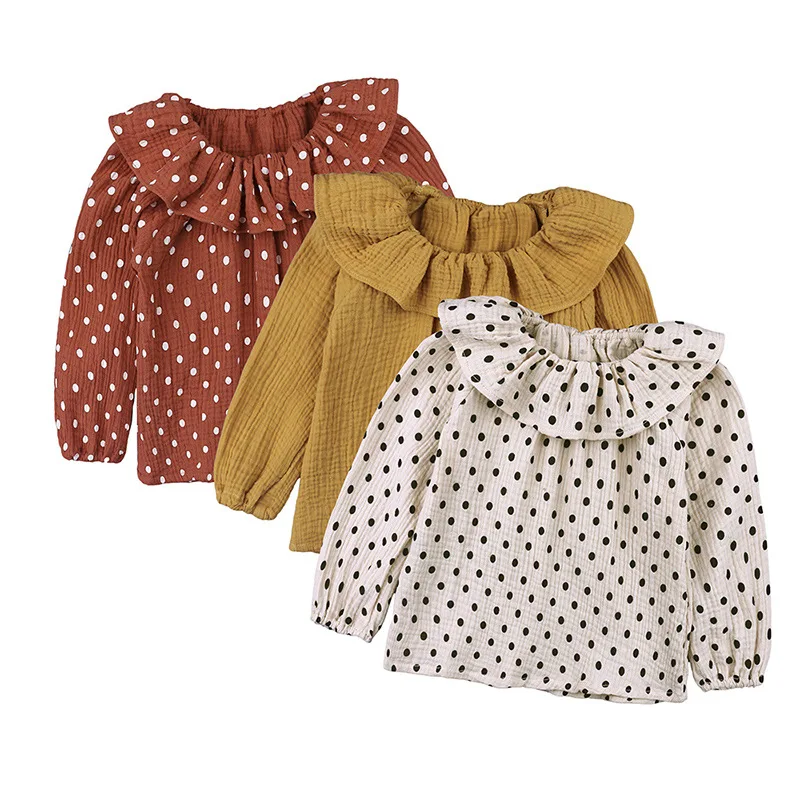 Коллекция года, летняя одежда Новые товары для девочек, хлопковая льняная рубашка в горошек с воротником «Питер Пэн» для маленьких детей Топы для детей