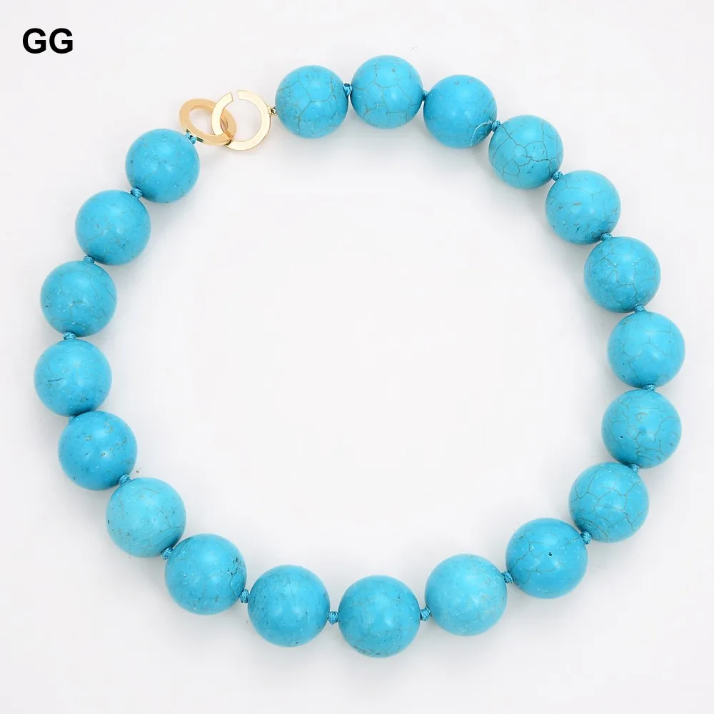 GuaiGuai Jewelry 20" Natural 20MM Blue Turquoises Gems Stone Necklace - 2