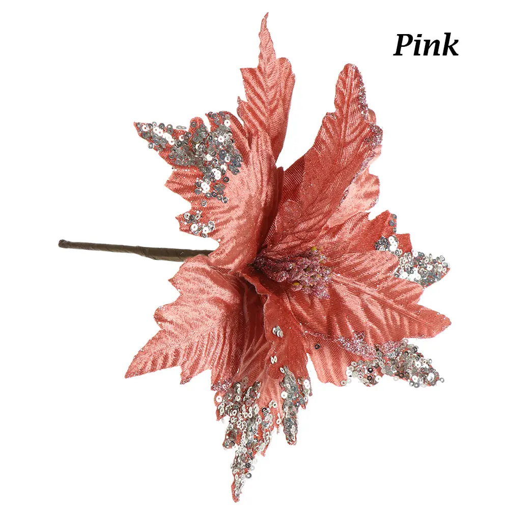 pink 1 шт., 20 см, фланелет, искусственная пуансеттия, Рождественская елка, цветы, ручная работа, вечерние принадлежности, блестящий орнамент, инструмент для украшения дома - Цвет: pink