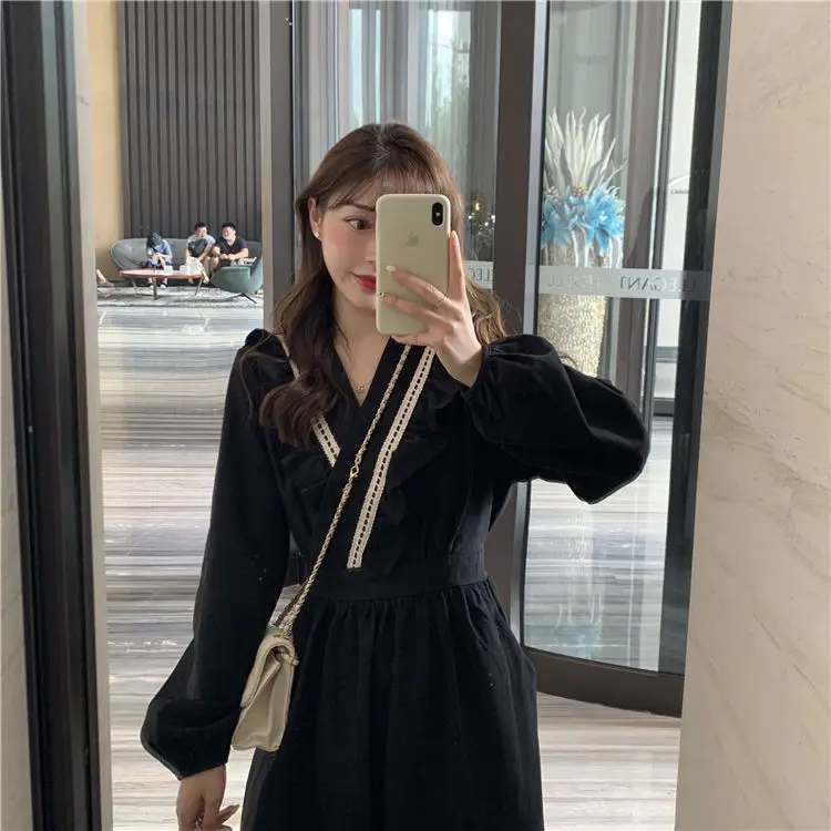 Women Patchwork Dresses Loose Black V-neck Leisure Tunic Temperament Long Sleeve Teenagers Midi Trendy Designer Females Ulzzang shirt dress