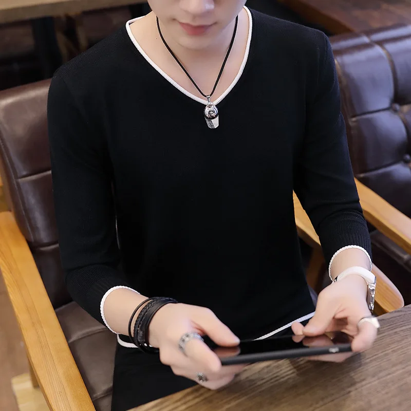 as picture V-neck Sweater Men Long-sleeved Casual Spring and Autumn Thin Tibetan Cyan Black Gray Mens Sweater Pullovers - Цвет: as picture