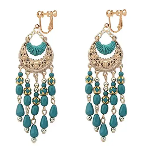 GRACE JUN Handmade Fashion Tassel Clip on Earrings Women's Statement Bohemian Ethic Bead Gold Color No Pierced Vintage Ear Clip ear clip earrings clip earrings ear clip ear accessories