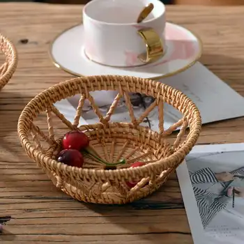 

Japanese Autumn Rattan Woven Storage Basket Desktop Coffee Table Bread Storage Basket Baking Round Dessert Storage Basket New