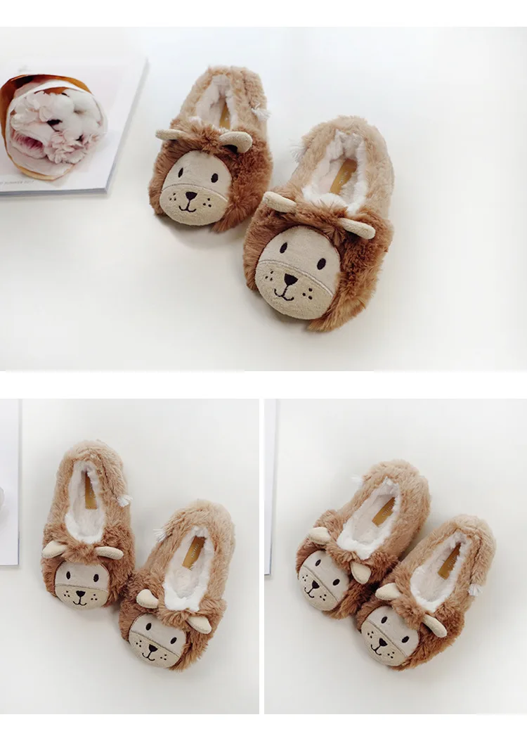 Suihyung Cute Animal Slippers Kids Winter Warm Home Slippers Children Soft Non-slip Indoor Floor Shoes Furry Lion Plush Slippers