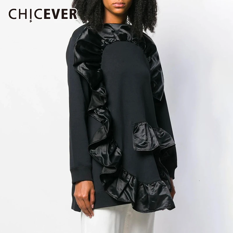 CHICEVER Patchwork Ruffle Asymmetrical Sweatshirts For Women O Neck Long Sleeve Side Split Hoodies Female 2019 Fashion New Tide |