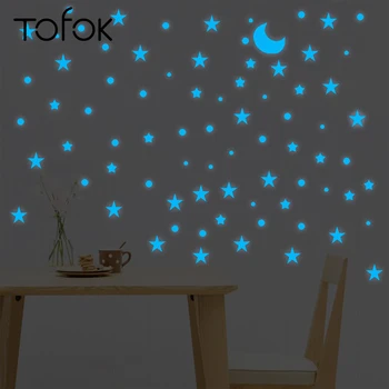 

Tofok 205pcs/set Blue Luminous Stars Dot Moon DIY Wall Sticker Living Room Kids Room Fluorescent Home Decoration Glow in Dark