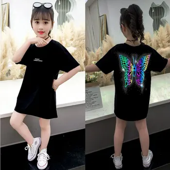 

2020 New Girl Fashion T-shirts Night Light for Children Short Sleeve Cotton Black Girl T Shirt Cartoon Butterfly Pattern Tee Top