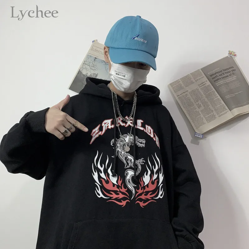 Lychee Женские флисовые толстовки с капюшоном в стиле Харадзюку, с изображением пламени дракона, весенние, осенние, зимние женские топы, повседневные свободные женские толстовки с карманами