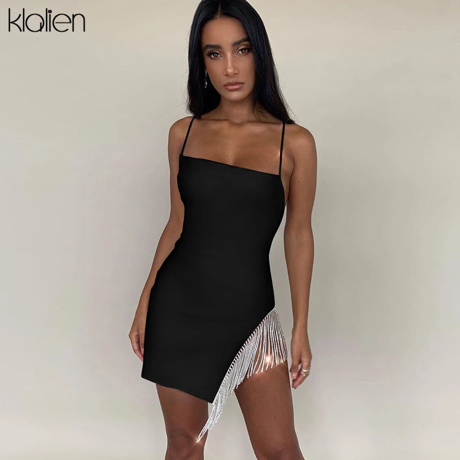 KLALIEN Tassel Sexy Solid Strapless Sleeveless Patchwork Bodycon Dress New Summer Fashion Elegant Senior Club Party Mini Dress red dress