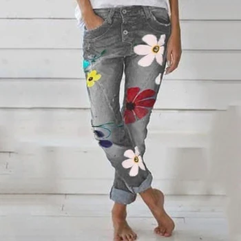 

2020 Autumn Trendy Women Denim Pant Floral Printed Jeans Trouser Femme High Waist Pocket Pant Fit Straight Leg Jogger Pant Jeans