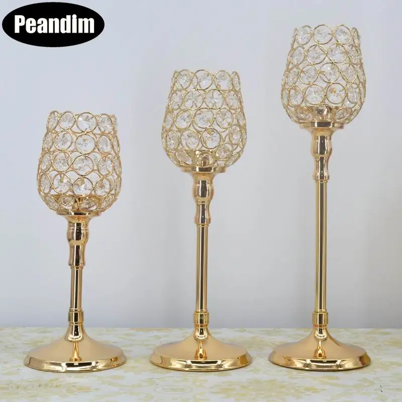 

PEANDIM Crystal Tealight Candle Holder Set Gold Pillar Holder Lantern Candlestick Wedding Table Centerpieces Home Decor 3pcs/set