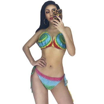 

Sparkly Rhinestone Rainbow Three Pieces Bikini Mask Set Women Party Birthday Outfit Rave Festival Clothing Pole Dancing Costume
