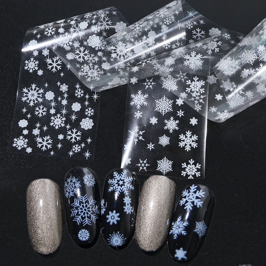 

4pc Christmas Nail Art Transfer Foil Stickers White Snowflakes Wraps Decal 3d Sliders For Nails New Year Decorations Set LA750-1