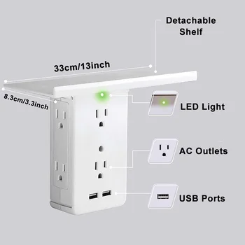 

2019 New Portable Removable Switch Socket 6 Electrical Outlet Extenders 2 USB Charging Ports Removable Built-In Shelf for Home