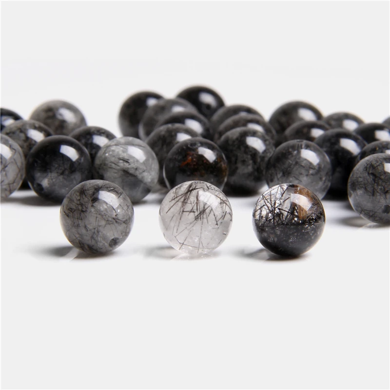 Natural Black Rutilated Quartz Gemstone Big Hole Round Beads for Jewelry Making