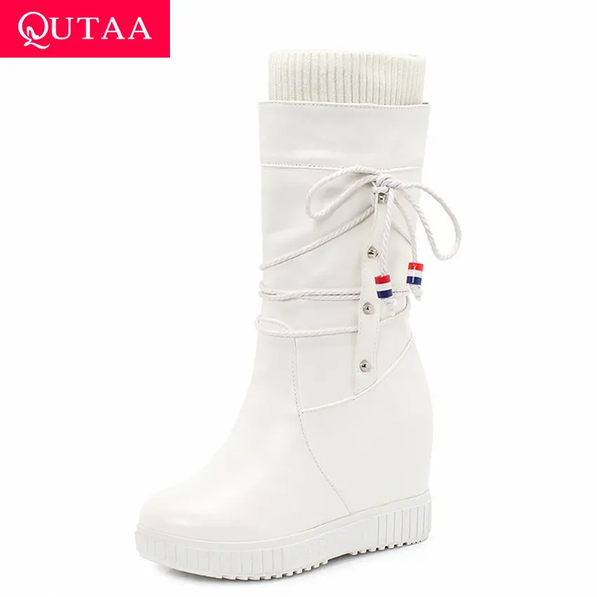 

QUTAA 2020 Platform Flock PU Leather Fashion Mid Calf Boots Winter Round Toe Height Increasing Lace Up Snow Boots Big Size 34-43