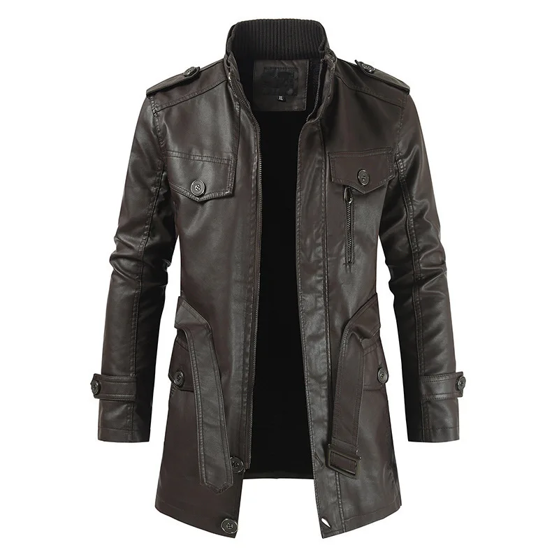 Mcikkny, мужские винтажные кожаные куртки, пальто со стоячим воротником, куртки с флисовой подкладкой, верхняя одежда для мужчин, парка, размер S-3XL, пояс на талии