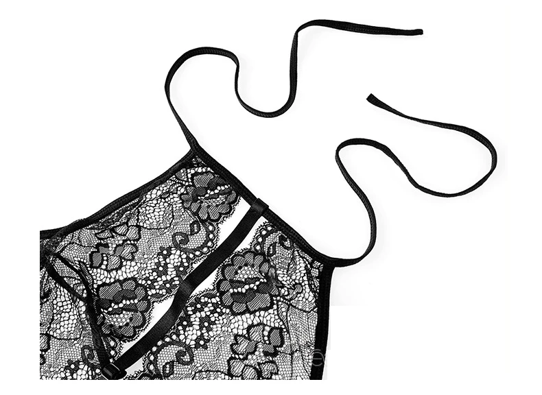 Черный сексуальный женский кружевной пустой открывающийся Комбинезон Сексуальная перспективная Пижама висячая Шея боди