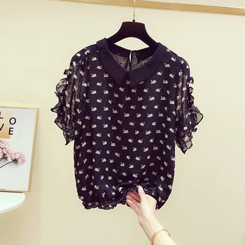 

2020 Spring Summer New Korean Style Swan Print Chiffon Blouse Peter Pan Collar Ruffle Short-Sleeve Shirts Women's Casual Top