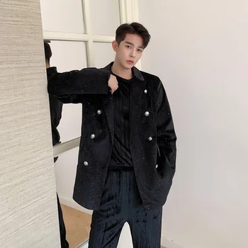 

Male Fashion Suit Coat Outerwear Men Double Breasted Vintage Velvet Diamond Casual Suit Blazer Jacket Stage Show Clothing