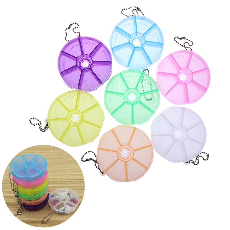 1PC Round Folding Vitamin Medicine Drug Pillbox Travel Pill Box Storage Case With chain RANDOM COLOR