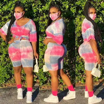

2020 Colorful Dye 2 Piece Matching Sets Summer Clothes for Women V Neck Crop Top and Biker Shorts Two Piece Tracksuit Clothing