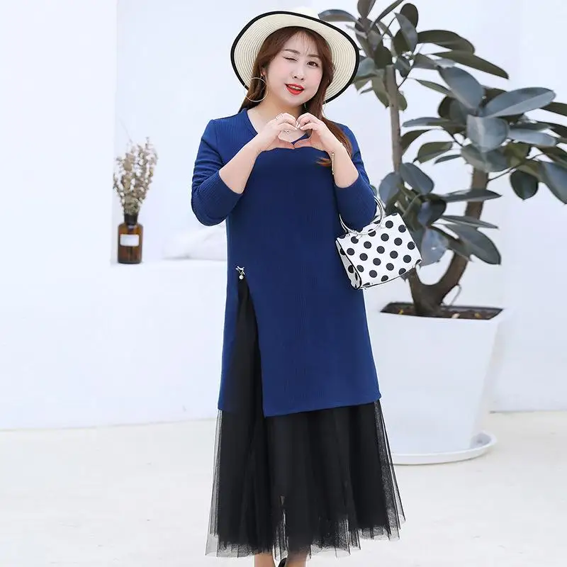 XL-4XL, плюс размер, корейское платье, Женский комплект 2 шт., наряды, сетчатая юбка миди, вязаная футболка, зимний комплект, большой размер, комплект из 2 предметов, юбка
