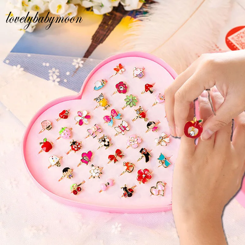 Anillos ajustables con esmalte Animal para niñas, joyería de moda de imitación, juguetes de cristal de dibujos animados, aleación, 10/20/36 Uds.