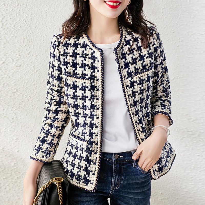 Promo  Tweed jacket Dark blue Plaid spring / autumn / winter women's jacket lapel long sleeve Business lad
