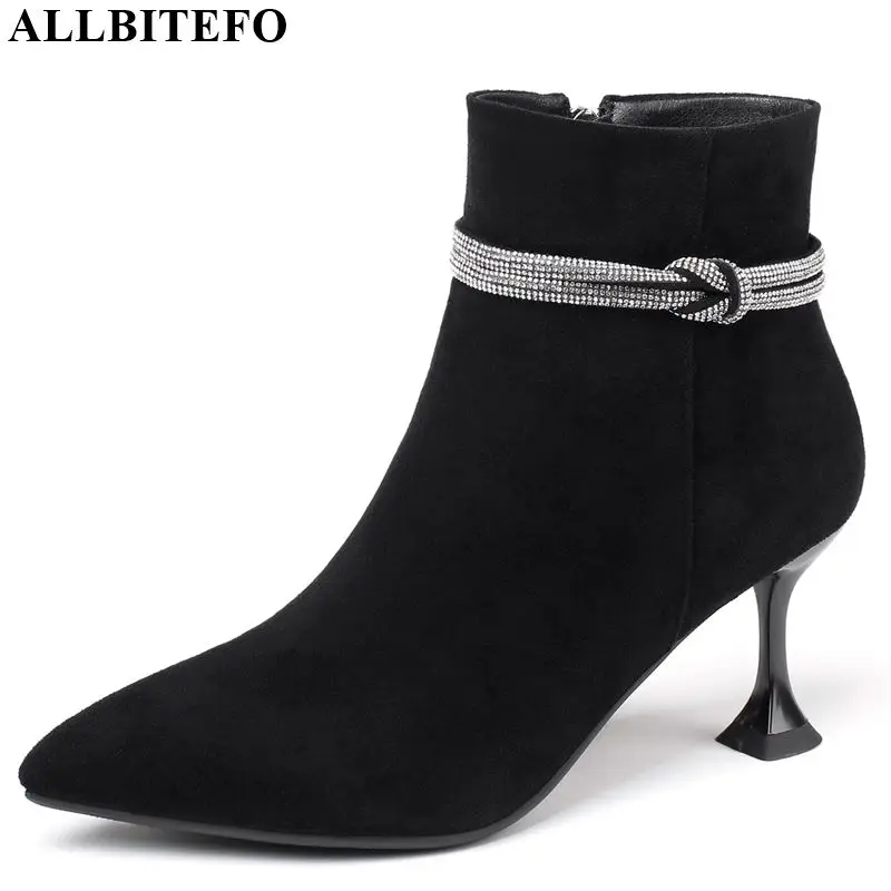 

ALLBITEFO High quality flock Pure color women boots Autumn Winter pointed toe ankle boots high heel fashion girls boots