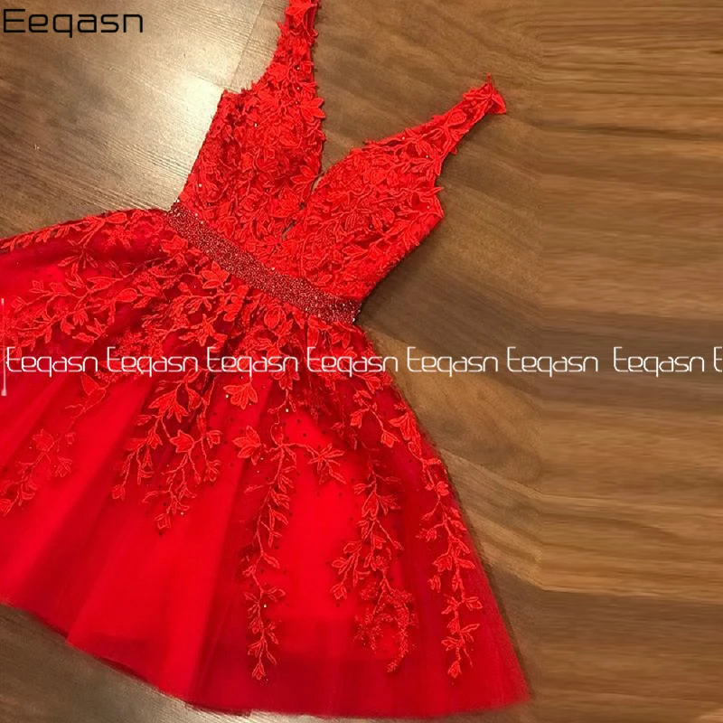 robe Elegant Red Lace Cocktail Dress Short A-line Back Open Beaded Belt Prom Dresses Woman Party Night Gala