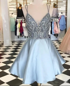 

2019 Light Blue Homecoming Dresses Sparkly Shinning Beaded Custom Made Spaghetti Straps Short Prom dress Formal Party Dress