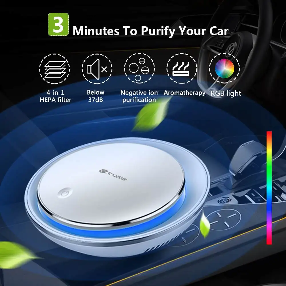 

AUGIENB Room Car Purifier HEPA Filter 12V Negative Ions Cleaner Ionizer Freshener for Dust Cigarette Smoke Bad Odors