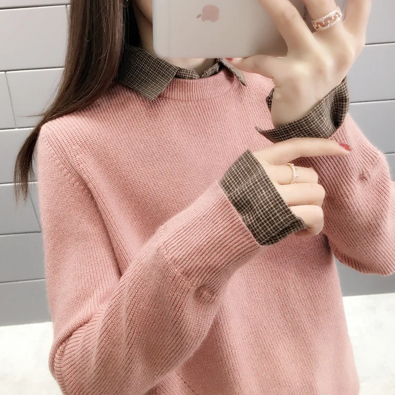 Sweater female new autumn fake two-piece head casual fashion loose shirt collar sweater solid color bottoming shirt women